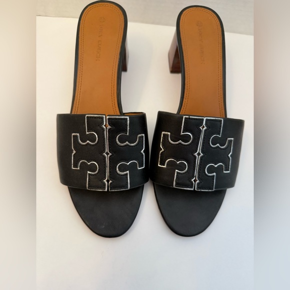 Tory Burch Ines Leather Wedge Slide Black Silver Logo Sandals Size 10 - Picture 1 of 13